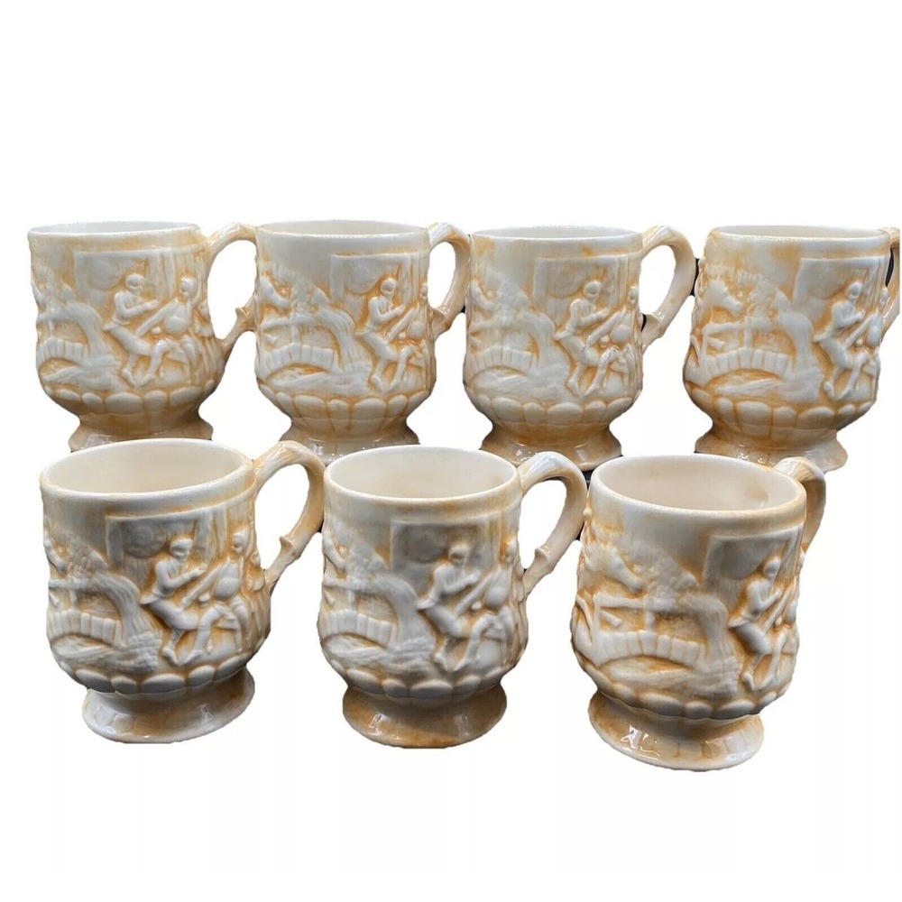 7 Vintage "The Witches Pursuit" Tam O'Shanter Ceramic Coffee Mug Cups Mugs Set